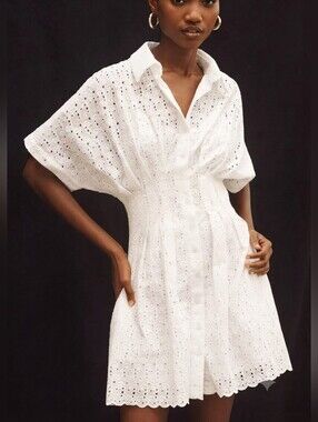 NWT Cal Style Eyelet Button-Front Cotton Shirt Dress Pockets Lined Size L White